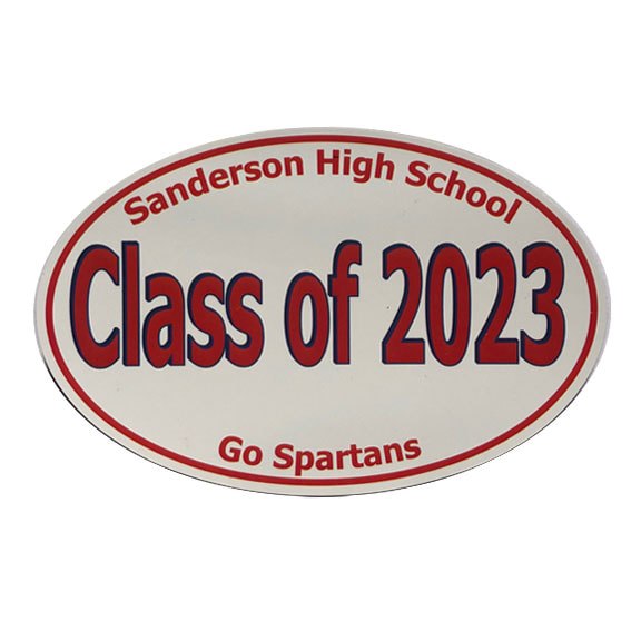 Class of 2023 - white oval magnet with red lettering - Sanderson High School - Go Spartans