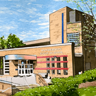 Lewis Wilson's watercolor painting of the Sanderson High School main entrance exterior on a sunny day in Raleigh, North Carolina.