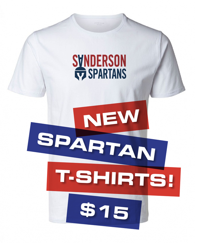 White t-shirt with red and blue lettering reading Sanderson Spartans with blue helmet icon