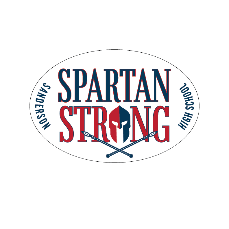 4x6 inch white oval sticker reading Sanderson High School - Spartan Strong