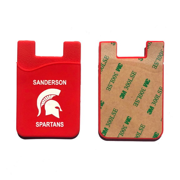 credit card wallet for mobile phone with adhesive - color red with white Sanderson Spartans logo