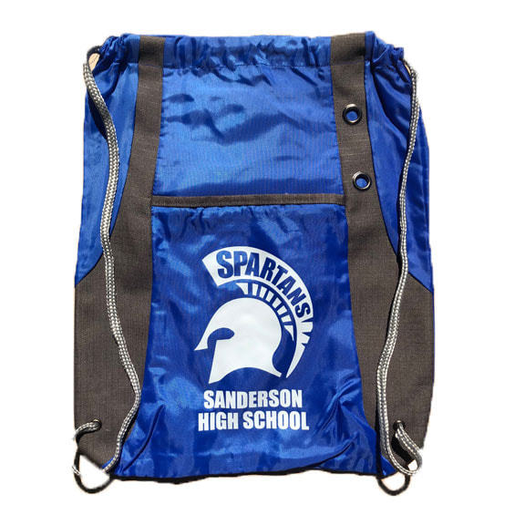nylon drawstring bag with white Spartans Sanderson High helmet logo on blue and black fabric