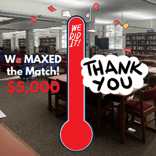 Sanderson media center overlaid with a red thermometer showing we reached out $5000 goal. Thank you!